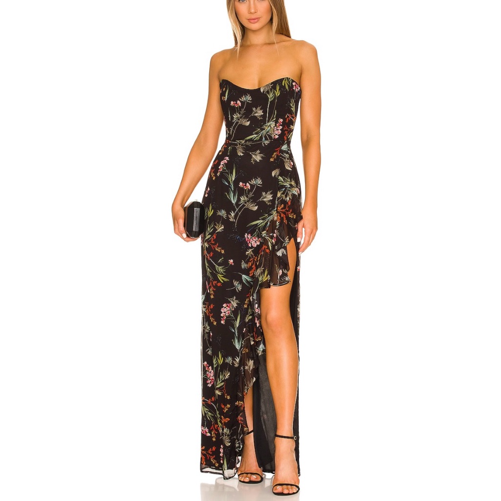 Katie May Black Strapless Floral Maxi Dress With High Slit